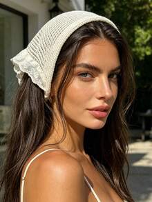1 pieza Pañuelo triangular de mujer beige con encaje calado de punto, envoltura de cabeza de malla transpirable sin nudo, accesorio para el cabello de estilo pastoral francés exquisito y dulce, adecuado para peinado suave de media coleta diario y atuendo casual - Albaricoque - Ver 1