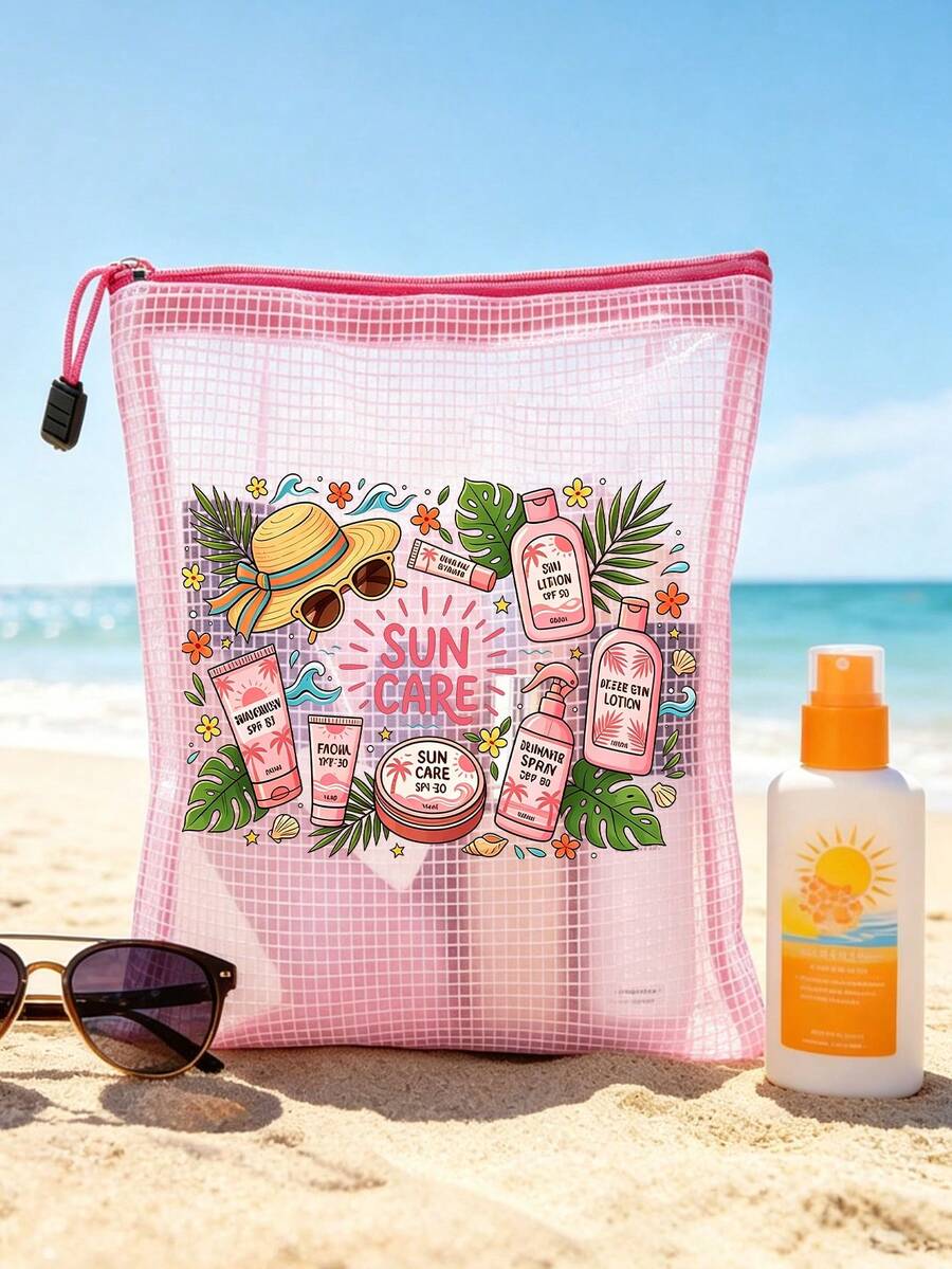 New Sun Care Printed Fashion Waterproof PVC Beach Bag With Sunscreen And Monstera Leaf Pattern - A4 Size, Transparent Nylon Zipper Makeup Bag, Suitable For Swimming, Diving And Summer Vacation - Lightweight, Suitable For Young Men And Women, Beach Bag Accessories Travel Essentials, Summer Must-Have, Beach Must-Have - Multicolor - View 1
