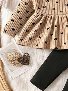 Baby Girl Bow Print Crew Neck Long Sleeve Top And Leggings - Khaki - View 6