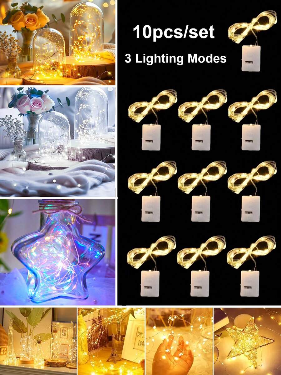 10入 2M 20LED 銅線仙女串燈，暖白色與彩色雙色，3種燈光模式（常亮、慢閃、快閃），附3顆LR44電池，適用花束禮盒包裝、室內居家派對節日裝飾