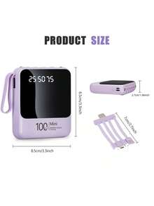 LADAPU Mini banco de energía portátil de bolsillo de 10000 mAh, carga rápida de 5 V2 A, tamaño pequeño, gran capacidad, apariencia elegante, 4 en 1 integrado (cables desmontables), batería recargable de alta velocidad, entrada USB-C y micro USB. - Morado - Ver 9