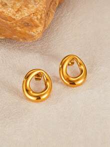 VJS 1 Pair European And American INS Style Exaggerated Geometric Hoop Earrings, Vacuum Plated Gold Stainless Steel Stud Earrings, Suitable For Commuting, Daily Shopping, Dating, Vacation, Party, Workplace Outfit, Gift Giving - Geometric Hoop Earrings - View 4