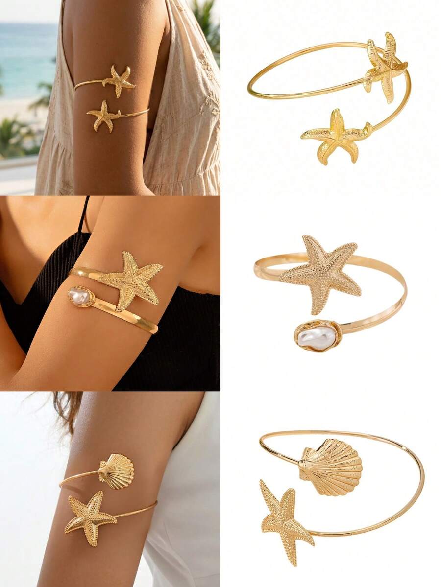 3pcs/1pc Beach Vacation Starfish Shell Open Cuff Bracelet, Vintage Pearl Metal Arm Bangle, European And American Style Versatile Arm Accessory - Gold - View 1