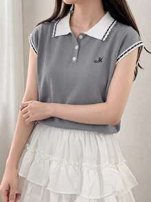 夏季通勤優雅 Polo 領撞色刺繡灰色百搭套頭短袖針織上衣，春夏約會度假日常街拍購物穿搭 - 灰色 - 查看 3