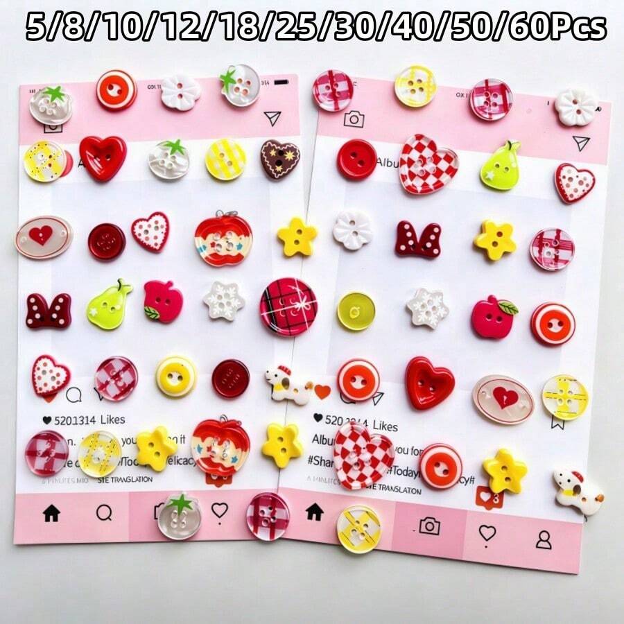 5/8/10/12/18/25/30/40/50/60Pcs Mixed Fruit Heart Resin Buttons DIY Handmade Jewelry Clothing Bag Decoration Accessories Dopamine Colorful Buttons DIY Handmade Hair Accessories Phone Case Decoration Materials DIY Hair Clip Jewelry Making Accessories Creative Resin Craft Buttons (Random Style) - Multicolor - View 1