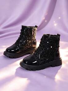 1 Pasang Sepatu Bot Pendek Anak Laki-laki, Bahan PU Mengkilap, Ujung Bulat, Sol Lembut Anti Selip, Tali Depan dengan Desain Resleting Sisi Dalam, Gaya Putri yang Manis dan Keren, Cocok untuk Sekolah, Liburan, Pertunjukan, Perjalanan, Pakaian Luar Ruangan, Gaya Baru Musim Gugur/Dingin - Hitam - View 7