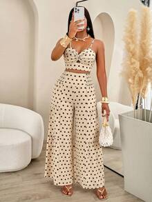 AIJ Women's Summer Vacation Knot Halter Top + Ruched Wide Leg Pants 2 Pieces Set Elegant - Apricot-colored Coffee Shop - View 7