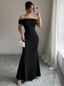 abyoxi Women's Black Cold Shoulder Ruched Waist Slim Fit Short Sleeve Fishtail Long Dress, Elegant, Sexy, Party, Wedding Guest, Date, Formal Dinner, Summer Autumn Bodycon Maxi Dresses - Black - View 6