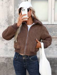 Women's Autumn/Winter Brown PU Leather Shacket, Collar, Zipper And Pockets, Long Sleeve Short Regular Fit Fall - Brown - View 2