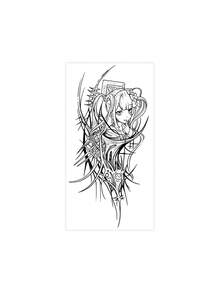 1 pieza Pegatina de tatuaje temporal con diseño de arte de línea negra herbal de chica anime de colas gemelas con patrón vertical largo de espinas góticas, diseño de tatuaje falso realista, adecuado para regalos de despedida de soltera, festivales de música, juegos, regalos de graduación, dura de 7 a 14 días - Negro - Ver 4
