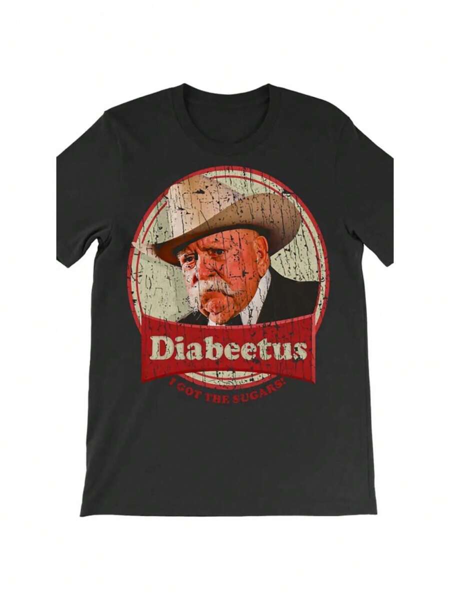 Vintage Cowboy Diabeteetus Distressed Cotton Tee With Retro Western Style - 黑色 - 查看 1