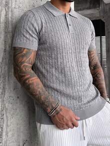 ZYNTH BALENO Men's Summer Fashion Cable Knit Slim Fit Regular Shoulder POLO Collar Short Sleeve Sweater, Suitable For Outdoor Sports, Gym Workouts - Light Grey - View 7