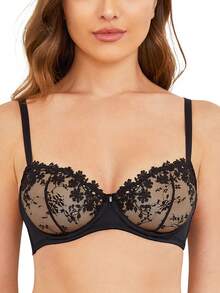 Deyllo Unpadded Transparent Mesh Lace Breathable Bra - Black - View 2