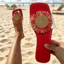 2026 Summer New Women's Red Insole Transparent Strap Sunflower Decor Flat Slip-On Sandals, Casual Versatile Square Toe Open Toe Slides, Suitable For Beach Vacation, Indoor/Outdoor Wear, Daily Matching - Red - View 1