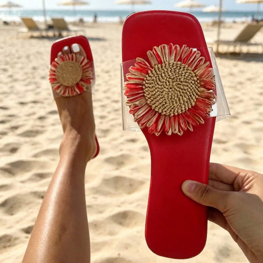 2026 Summer New Women's Red Insole Transparent Strap Sunflower Decor Flat Slip-On Sandals, Casual Versatile Square Toe Open Toe Slides, Suitable For Beach Vacation, Indoor/Outdoor Wear, Daily Matching - Red - View 1