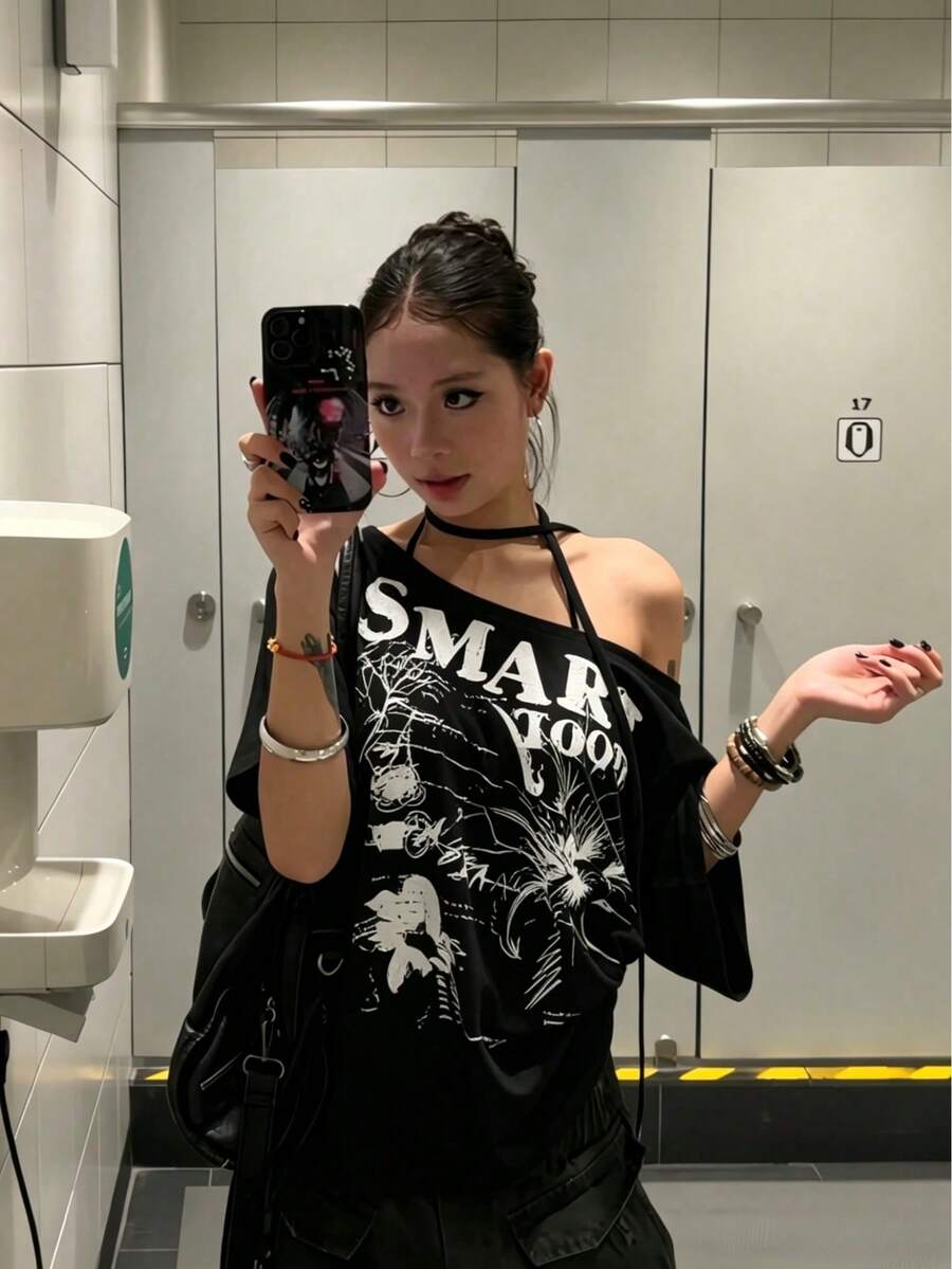 美式復古不對稱單肩蝴蝶結印花短袖T恤,夏季慵懶休閒寬鬆上衣,女款黑色 - 黑色 - 查看 1