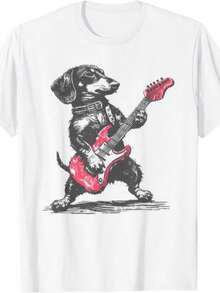 Dachshund Playing Guitar - Funny Dog Rocking Heavy Metal Music T Shirt - 白色 3 - 查看 1
