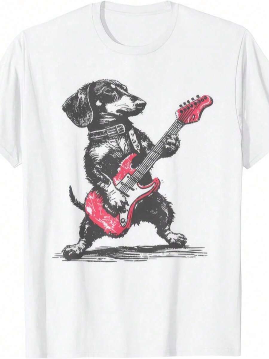 Dachshund Playing Guitar - Funny Dog Rocking Heavy Metal Music T Shirt - 白色 3 - 查看 1