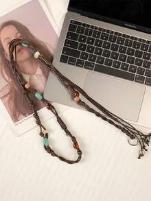 Bohemian Style Beaded Leather Cord Thin Waist Belt, Double Strand Tie Waist Belt With Faux Stone, Shell And Wooden Bead Decor, Bohemian Style Festival Accessory For Women - Woven Belt - View 7