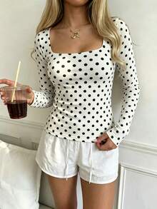 Happyevery Women's Autumn/Winter Minimalist Commute Outfit Contrast Color Polka Dot Print Pullover T-Shirt, Suitable For Back To School, Teacher's Day, Office Commute, Daily Casual, Everyday Wear, Beach Vacation, Beach, Holiday, Birthday Party - White - View 10