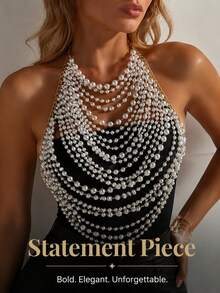 Hot-Selling Body Chain Necklace, Fashion Multi-Layer Pearl Exaggerated Jewelry, Metal Chain Splicing - Multicolor - View 3