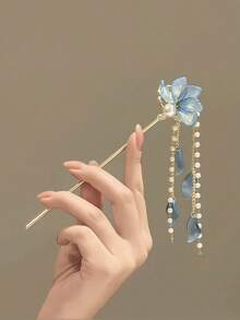 1pc New New Blue Petal Tassel Hairpin Pearl Disk Hairpin Hair Accessories Headpiece - Multicolor - View 3