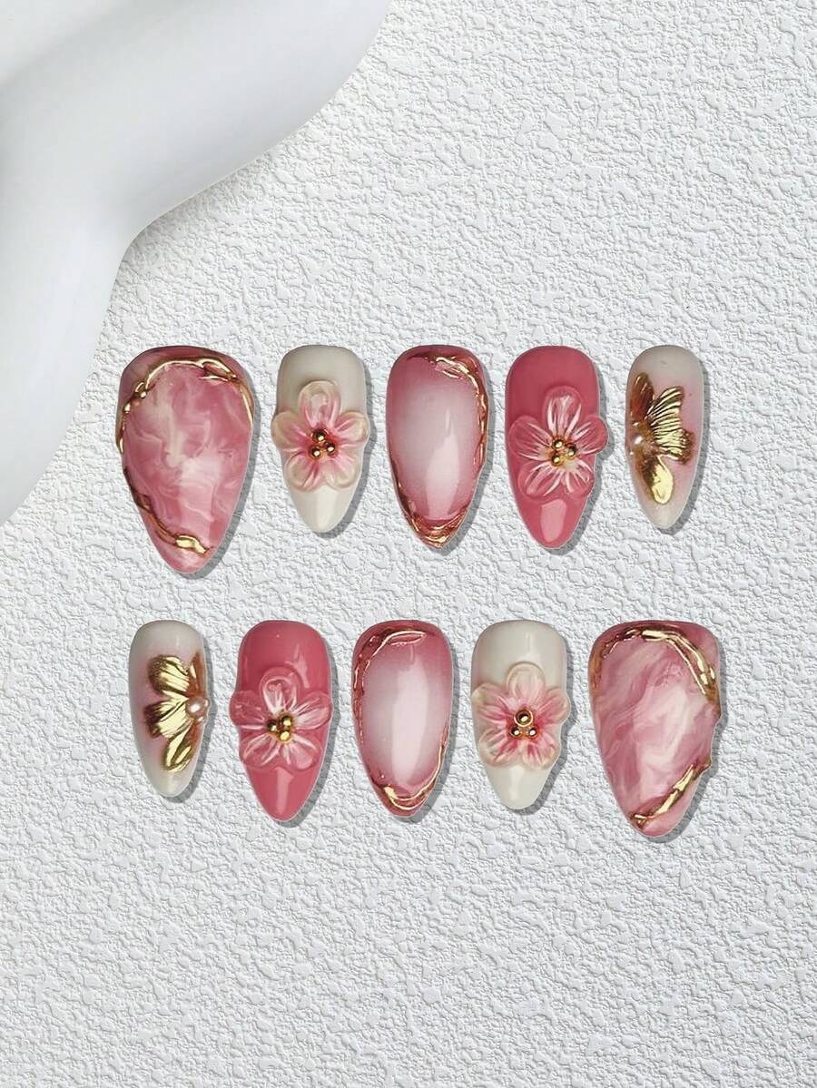 10片中號杏仁形手工美甲貼紙，漸層粉色壓克力美甲貼花 3D 花卉設計，金箔與水鑽裝飾，DIY 法式美甲套組，適合女性與女孩日常佩戴，美甲用品，女孩禮物，節日派對禮物，美甲配件