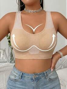 Plus Size Medium Support Seamless Sports Bra For Women, Breathable Mesh Racerback Wireless Sports Bra, 1XL-5XL, Suitable For Fitness And Daily Wear - Apricot - View 1