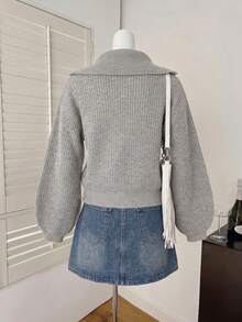 Zip Up Collar Ribbed Knit Cardigan, Grey Double‑Zipper Drop Shoulder Long Sleeve Cropped Knit Sweater Jacket Fall Outerwear - Light Grey - View 5