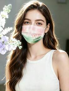 30pcs/Set Women's Disposable Individually Wrapped Masks, 3-Ply Breathable Face Masks, Light Green Chinese Ink Wash Cherry Blossom Print, Built-In Adjustable Nose Wire, Fashion Decorative Masks For Outdoor And Daily Wear, All-Season Versatile Matching Masks - Multicolor - View 3
