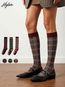 3 Pairs Women's British Academy Style Knee-High Socks, Striped Plaid Print Vintage Calf Socks, Soft Comfortable Versatile, Suitable For Autumn And Winter - Multicolor - View 7
