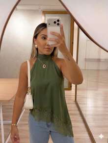Women's Asymmetrical Cropped High Neck Halter Blouse With Lace Tie At The Neck - Boho Chic, Casual, Elegant,  Autumn/Winter Fashion - 墨綠色 - 查看 2
