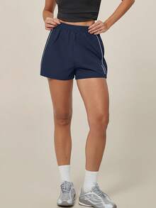TimeOff Women's 1pc Colorblock White Stripe Side Pocket Elastic Drawstring Waist Sports Shorts - Blue - View 8