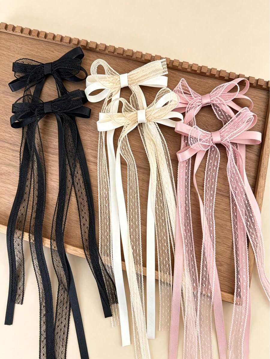 2pcs Bow Lace Hair Clips, Princess Style Double Ponytail Hair Bands Braided Hair Clips, Fairy Ballet Style Headwear - Multicolor - View 1