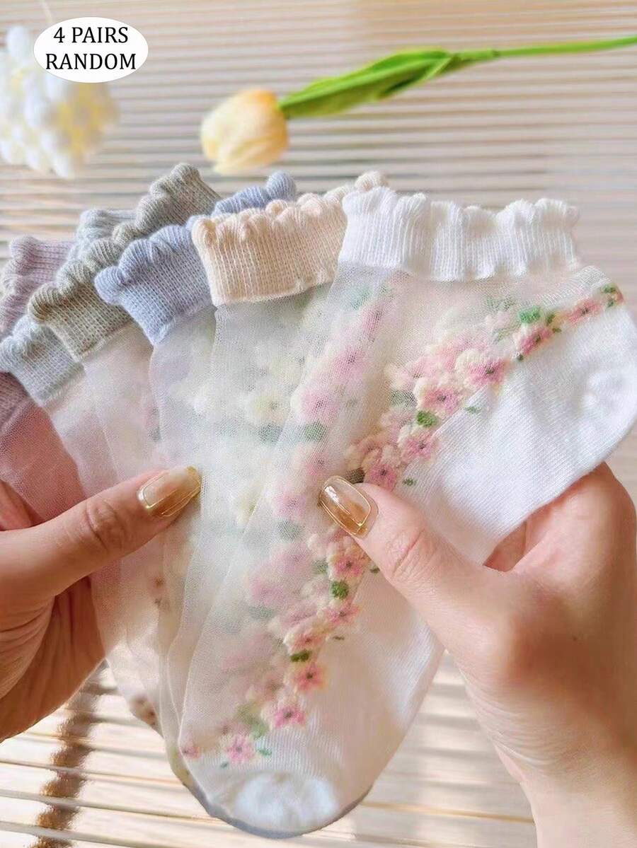 4雙女款休閒花卉玻璃絲隱形短襪，適用日常穿著，隨機發貨 - 查看 1