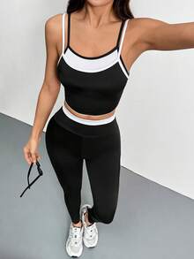 2pcs Women's Fashion Tight Top And Leggings Set, Perfect For Outdoor Casual Wear Or Sports - Black - View 6