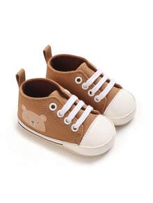 Brown & White Contrast Cartoon Bear Infant Canvas Shoes, 0-12 Months Newborn Soft Sole Pre-Walker Shoes, Breathable Anti-Slip Toddler Walking Shoes - Brown - View 1