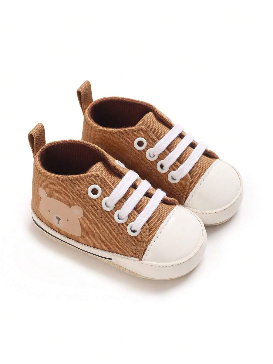 Brown & White Contrast Cartoon Bear Infant Canvas Shoes, 0-12 Months Newborn Soft Sole Pre-Walker Shoes, Breathable Anti-Slip Toddler Walking Shoes - Brown - View 1