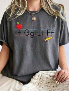 Alphabet Printed T-Shirt For Women Teacher, Classic Heavy Cotton Short Sleeve Crew Neck Top, Versatile Casual Daily Wear Tee - Schwarz 3 - Übersicht 5