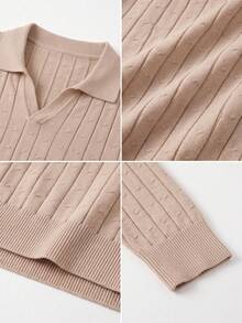 SU ER Men's Airplane Collar Ribbed Knit Sweater, Long Sleeve Turn-Down Collar Knit Top, Autumn/Winter - Apricot - View 9