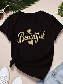 Beautiful Lettering Women's Plus Size Sports Short Sleeve T Shirt - 黑色 - 查看 1