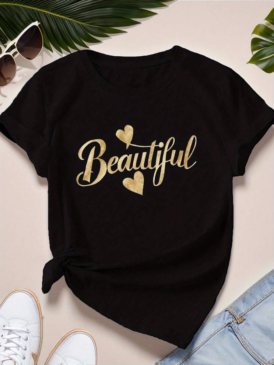 Beautiful Lettering Women's Plus Size Sports Short Sleeve T Shirt - 黑色 - 查看 1