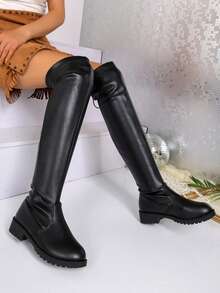 Women's Over-The-Knee Elastic Boots, Lace-Up Back Chunky Low Heel Thigh-High Boots, Suitable For Daily Casual Wear - Black - View 3