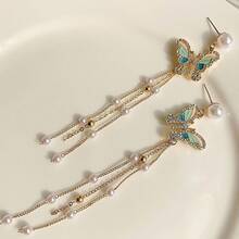1 Pair Ethereal Sweet Colorful Butterfly Tassel Earrings, Faux Pearl Tassel Design Earrings, Exquisite Sweet Earrings - Multicolor - View 5