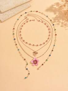 4pcs/Set Elegant Design Pink Colorful Rhinestone Handmade Multi-Layer Stackable Necklace With Gold Bowknot And Pink Flower Pendant, Popular Women's Neck Jewelry For Daily Wear, Beach Vacation And Party, Chain Length Cut By Section With Random Rhinestone Color Arrangement - Multicolor - View 2