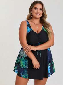 2026 Vacation Style Plus Size Swimdress: Vibrant Tropical Leaf Print On Black Base For A Fresh And Modest Beach Look - Black - View 1