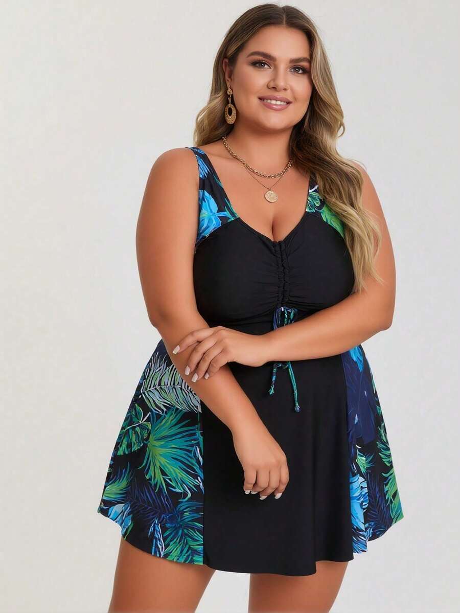 2026 Vacation Style Plus Size Swimdress: Vibrant Tropical Leaf Print On Black Base For A Fresh And Modest Beach Look - Black - View 1
