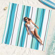 1pc Extra Large Striped Sand-Proof Quick-Dry Beach Towel Mat, Suitable For 1-3 Adults - Lightweight, Durable Polyester Fabric - Perfect For Travel, Camping, Hiking And Leisure Beach Time, Beach Mat, Picnic Mat, Camping Ground Cover - Mint Blue-green Vertical Stripes - View 4
