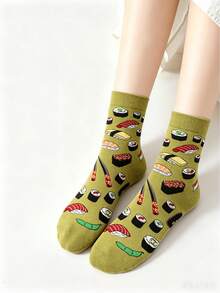 1 Pair Women's Sushi Pattern Mid-Calf Socks, Autumn/Winter Style - Olive Green - View 5