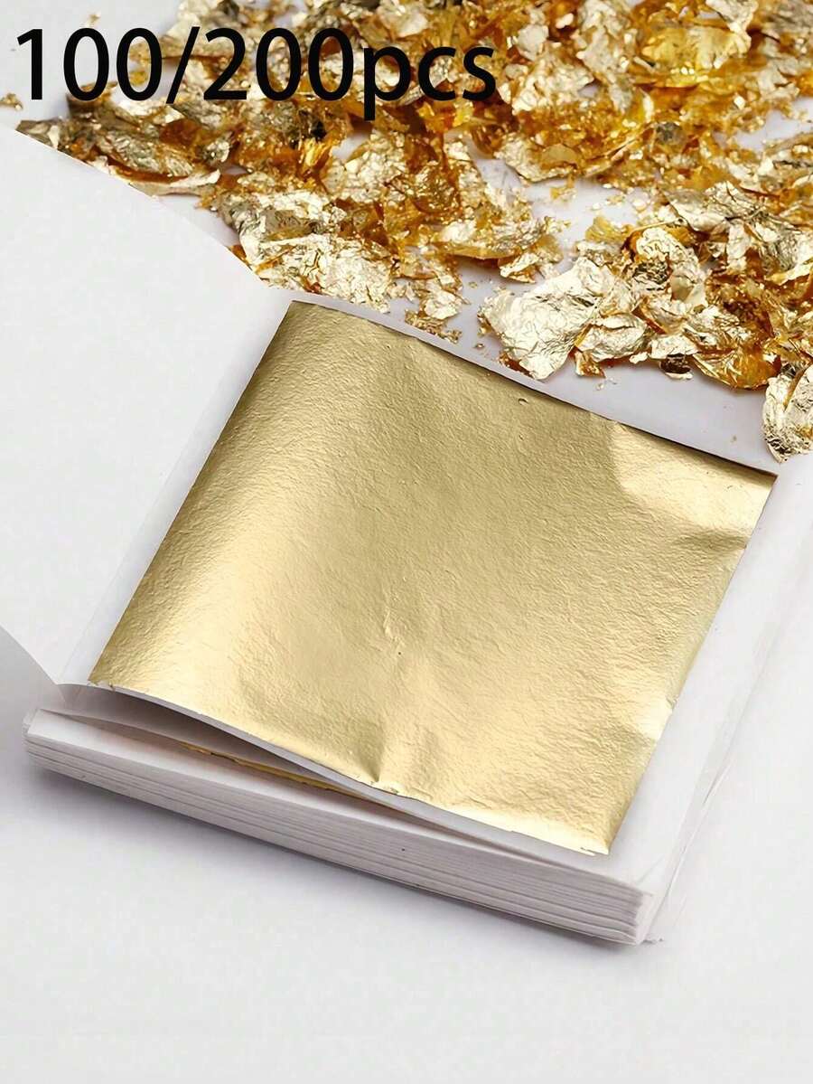 100/200片金箔紙,仿金/仿銀箔紙,葉金箔DIY手工藝紙,生日派對婚禮蛋糕裝飾,適用於節日場景裝飾、樹脂手工藝、家具線條、天花板、珠寶製作金箔裝飾 - A - 查看 1